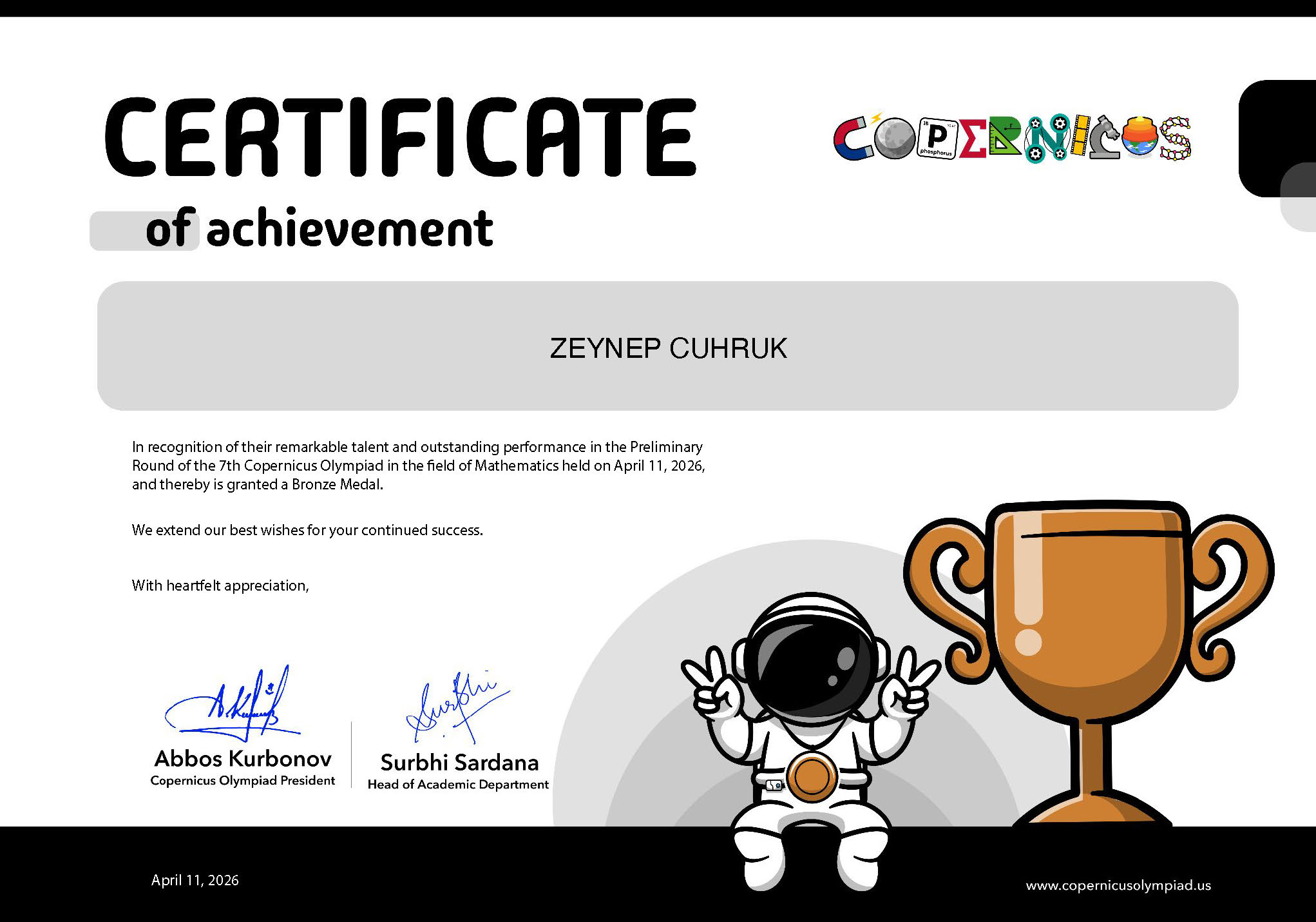 ZEYNEP CUHRUK COPERNICUS CERTIFICATE
