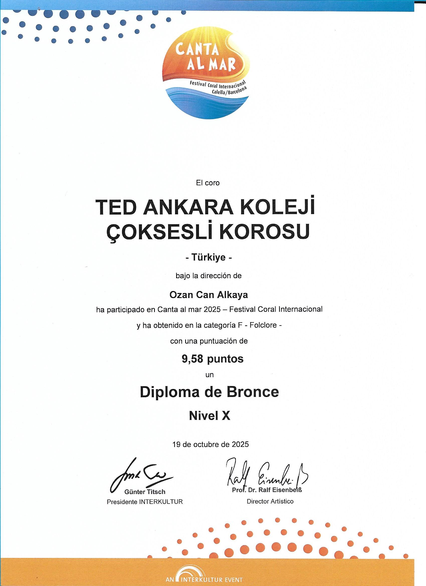 CANTA AL MAR FESTIVAL TED ANKARA ODUL BRONZ